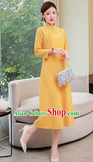 Chinese Traditional Compere Embroidered Yellow Cheongsam Costume China National Qipao Dress for Women