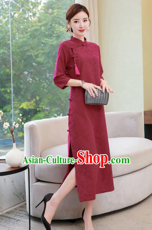 Chinese Traditional Compere Wine Red Cotton Cheongsam Costume China National Qipao Dress for Women