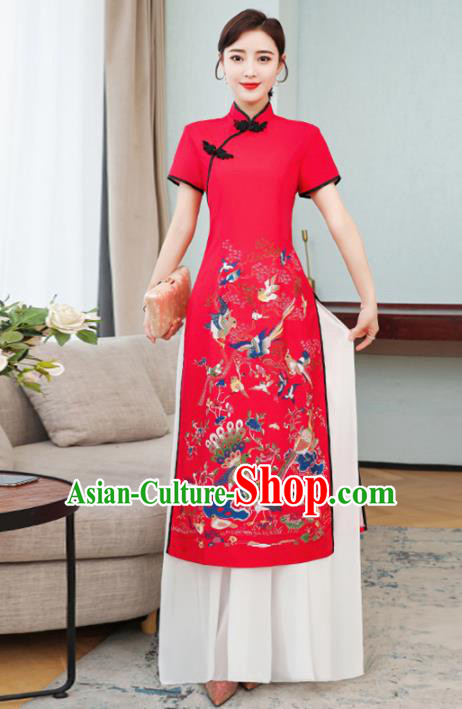 Vietnamese Traditional Printing Costume Vietnam Red Ao Dai Dress for Women