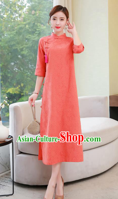 Chinese Traditional Compere Orange Cotton Cheongsam Costume China National Qipao Dress for Women