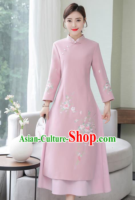 Chinese Traditional Compere Pink Cheongsam Costume China National Qipao Dress for Women