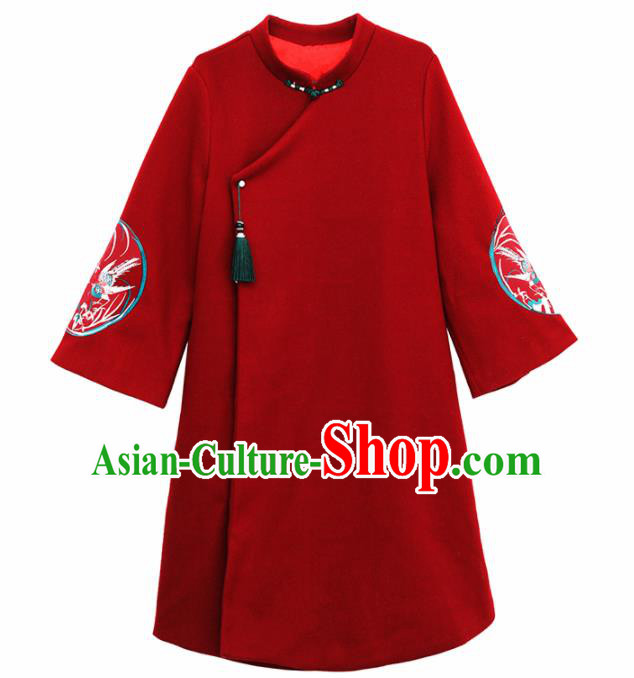Chinese Traditional Compere Embroidered Red Woolen Cheongsam Costume China National Qipao Dress for Women