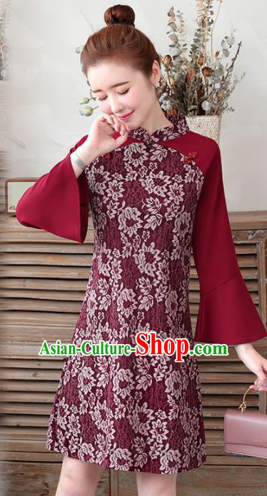 Chinese Traditional Wine Red Lace Cheongsam Costume China National Qipao Dress for Women