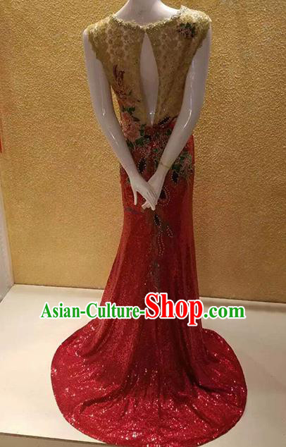 Custom Compere Embroidered Paillette Red Full Dress Wedding Bride Costumes Top Grade Bridal Gown for Women