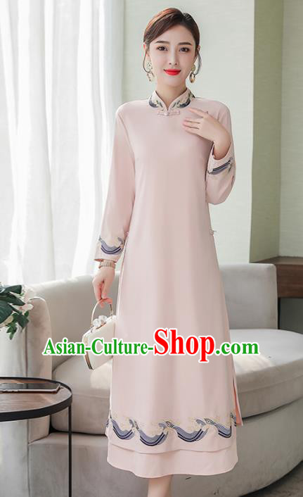 Chinese Traditional Embroidered Light Pink Cheongsam Costume China National Qipao Dress for Women