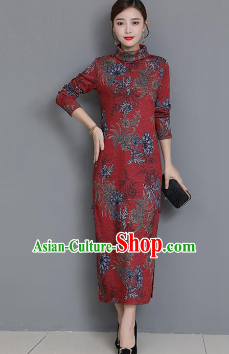 Chinese Traditional Compere Purplish Red Cheongsam Costume China National Qipao Dress for Women