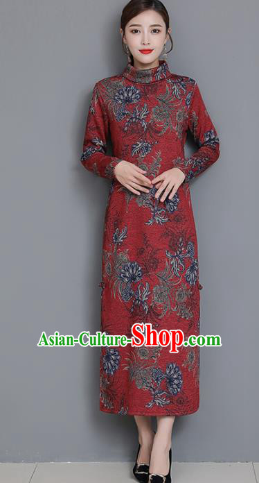 Chinese Traditional Compere Purplish Red Cheongsam Costume China National Qipao Dress for Women