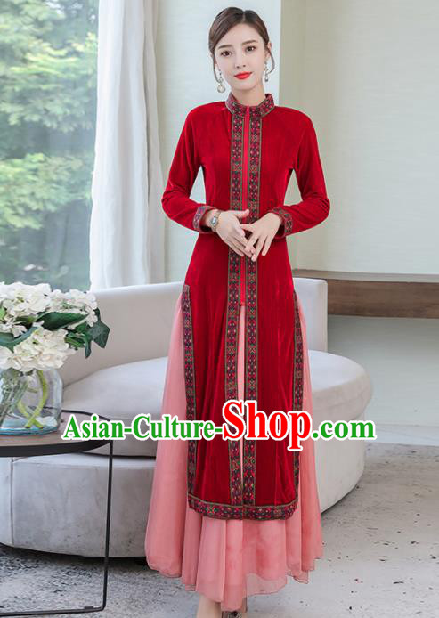 Chinese Traditional Red Velvet Cheongsam Costume China National Qipao Dress for Women