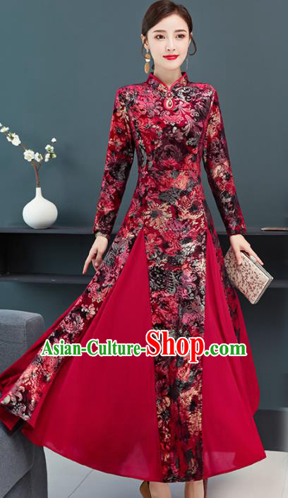 Chinese Traditional Compere Mother Printing Red Cheongsam Costume China National Qipao Dress for Women