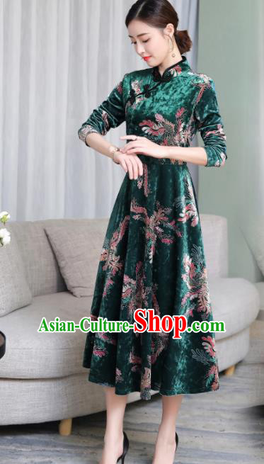 Chinese Traditional Printing Green Velvet Mother Cheongsam Costume China National Qipao Dress for Women