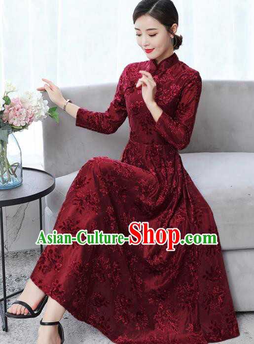 Chinese Traditional Embroidered Wine Red Mother Cheongsam Costume China National Qipao Dress for Women