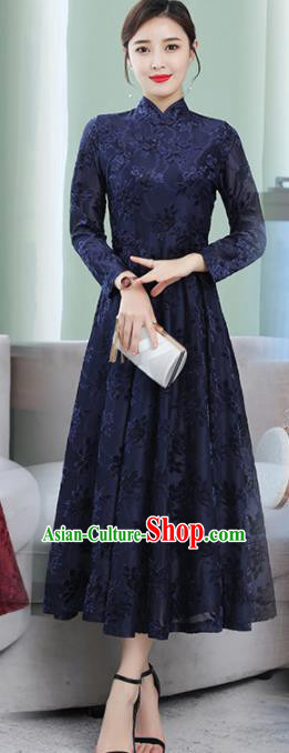Chinese Traditional Embroidered Navy Mother Cheongsam Costume China National Qipao Dress for Women
