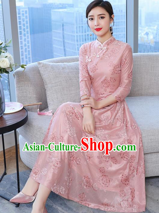 Chinese Traditional Embroidered Pink Mother Cheongsam Costume China National Qipao Dress for Women