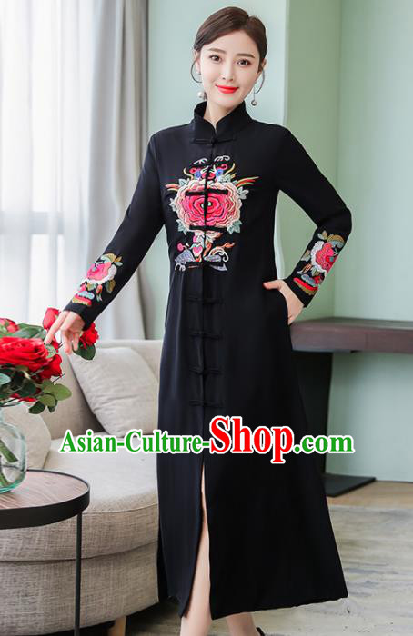 Chinese Traditional Embroidered Peony Black Front Opening Cheongsam Costume China National Qipao Dress for Women