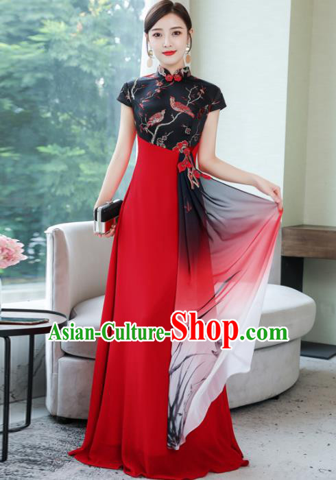 Chinese Traditional Compere Printing Orchid Red Cheongsam Costume China National Qipao Dress for Women
