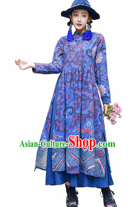 Chinese Traditional Printing Royalblue Cheongsam Costume China National Qipao Dress for Women