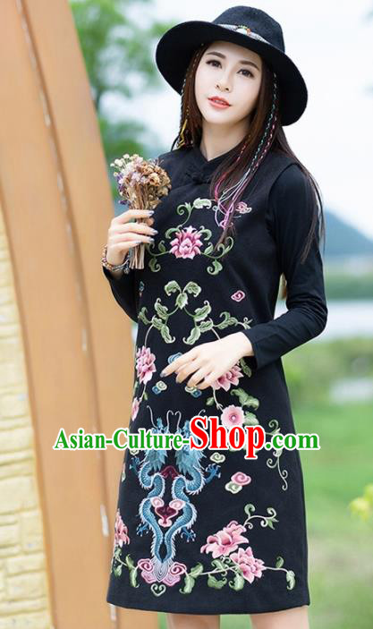 Chinese Traditional Embroidered Black Wool Cheongsam Vest Costume China National Qipao Dress for Women
