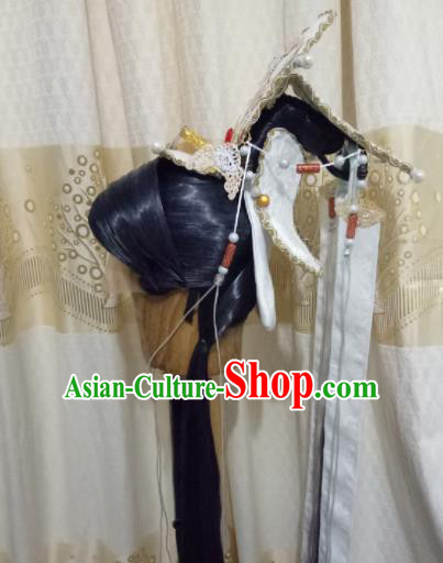 Custom Chinese Cosplay Crown Prince Swordsman Black Wigs Ancient Taoist Hair Chignon and Accessories for Men