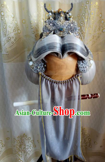 Custom Chinese Cosplay Royal Prince Chang Qin Swordsman Grey Wigs Ancient Taoist Hair Chignon and Accessories for Men