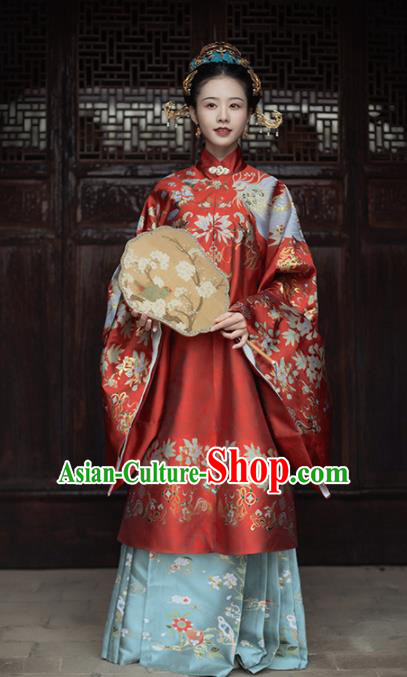 Chinese Ancient Royal Empress Embroidered Red Gown and Skirt Traditional Ming Dynasty Wedding Costumes for Women