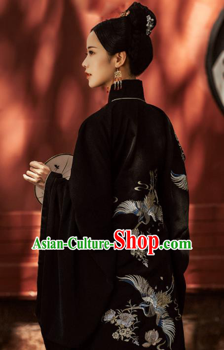 Chinese Ancient Young Mistress Embroidered Black Gown and Skirt Traditional Ming Dynasty Nobility Lady Costumes for Women