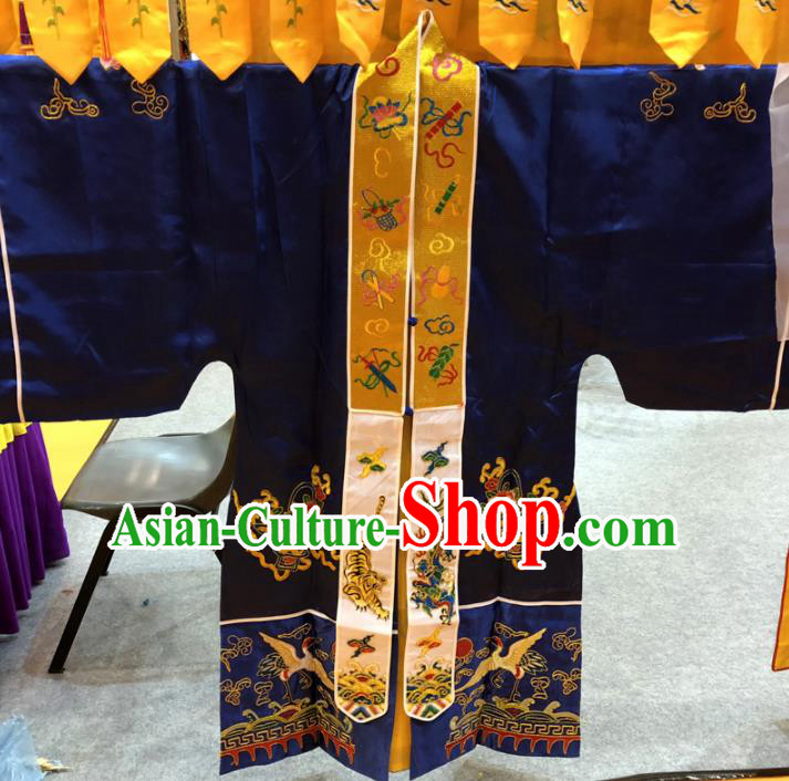 Chinese Taoism Embroidered Cranes Dragon Royalblue Silk Priest Frock Cassock Traditional Taoist Rite Costume for Men