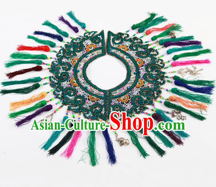 Chinese Traditional Dong Nationality Tassel Deep Green Embroidered Shoulder Accessories Ethnic Embroidery Collar Craft