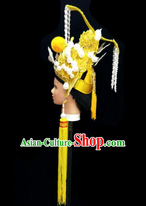 Chinese Traditional Peking Opera Yellow Hat Handmade Ancient Emperor Headwear for Men