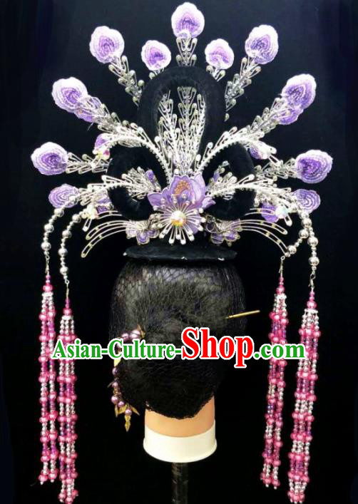Chinese Traditional Peking Opera Queen Purple Phoenix Hairpins Handmade Beijing Opera Diva Hair Accessories for Women
