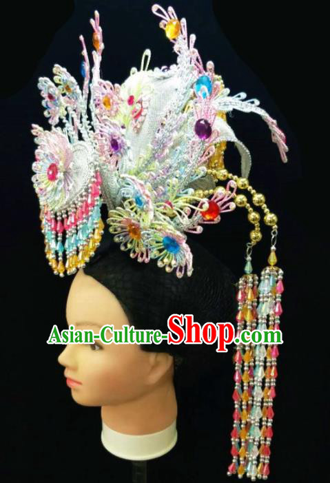Chinese Traditional Peking Opera Queen Blue Phoenix Coronet Hairpins Handmade Beijing Opera Diva Hair Accessories for Women