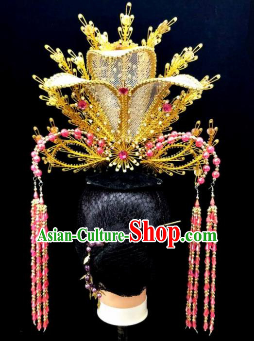 Chinese Traditional Peking Opera Queen Rosy Crystal Phoenix Coronet Hairpins Handmade Beijing Opera Diva Hair Accessories for Women