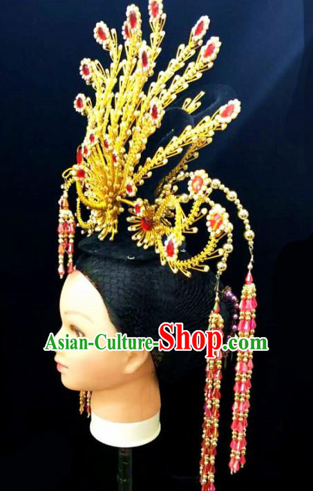 Chinese Traditional Peking Opera Queen Red Crystal Phoenix Coronet Hairpins Handmade Beijing Opera Diva Hair Accessories for Women