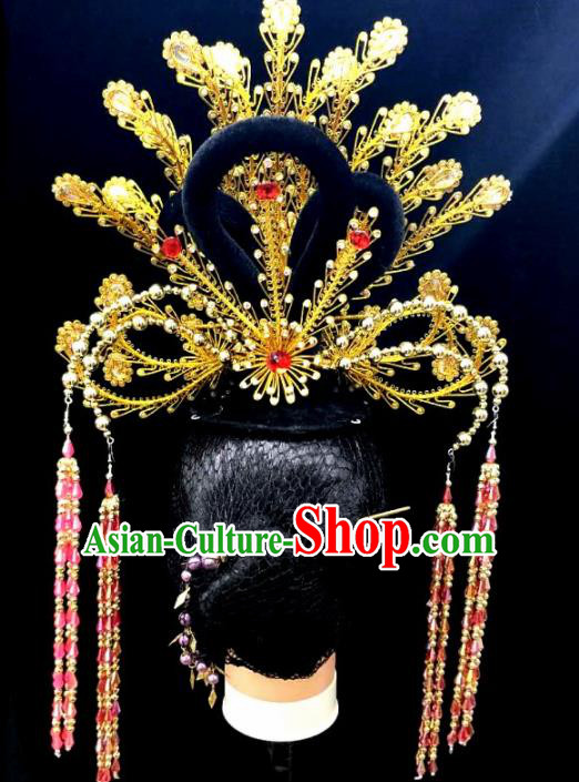 Chinese Traditional Peking Opera Queen Red Crystal Phoenix Coronet Hairpins Handmade Beijing Opera Diva Hair Accessories for Women