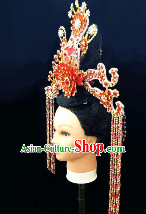 Chinese Traditional Peking Opera Queen Red Lotus Phoenix Coronet Hairpins Handmade Beijing Opera Diva Hair Accessories for Women