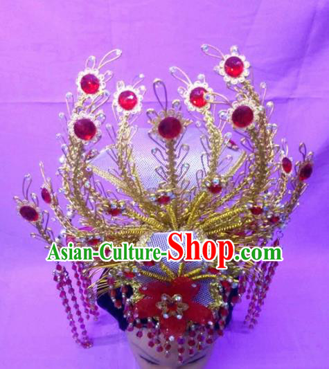 Chinese Traditional Peking Opera Princess Red Flower Phoenix Crown Hairpins Handmade Beijing Opera Diva Hair Accessories for Women