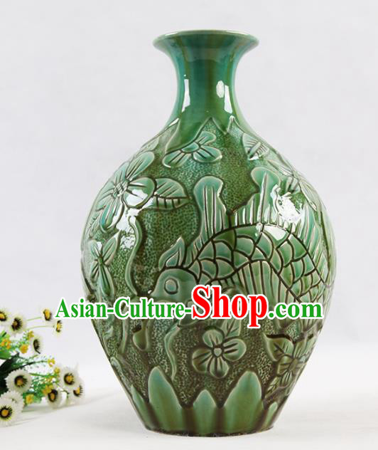 Chinese Traditional Handmade Green Carving Pottery Vase Craft