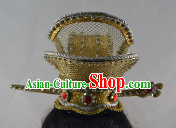 Chinese Traditional Peking Opera Scholar Golden Hairpin Hair Crown Handmade Ancient Royal Prince Headwear for Men