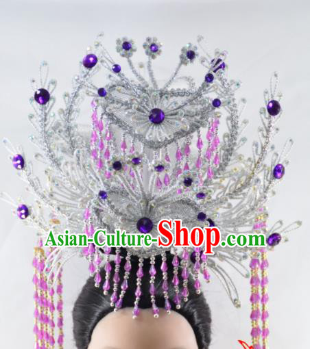 Chinese Traditional Peking Opera Queen Purple Beads Tassel Phoenix Crown Handmade Ancient Court Lady Hair Accessories for Women