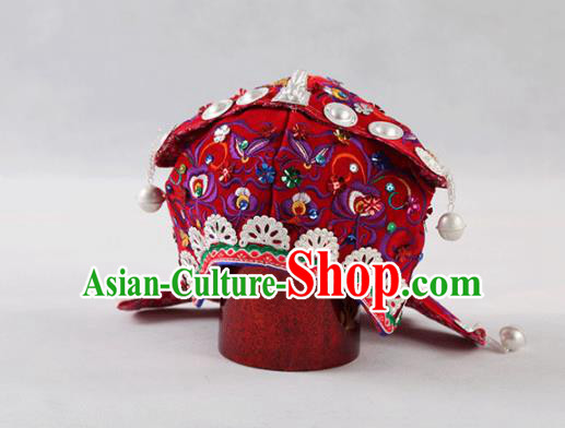 Chinese Traditional Yi Nationality Embroidered Red Hat Handmade Ethnic Hair Accessories for Kids