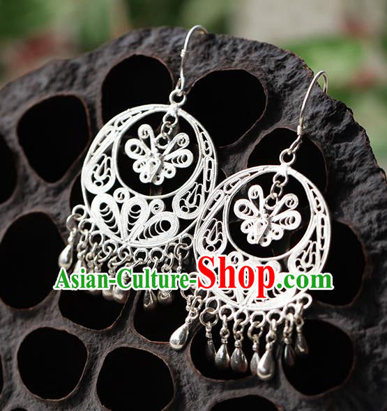 Chinese Traditional Miao Nationality Butterfly Earrings Handmade Ethnic Silver Ear Accessories for Women