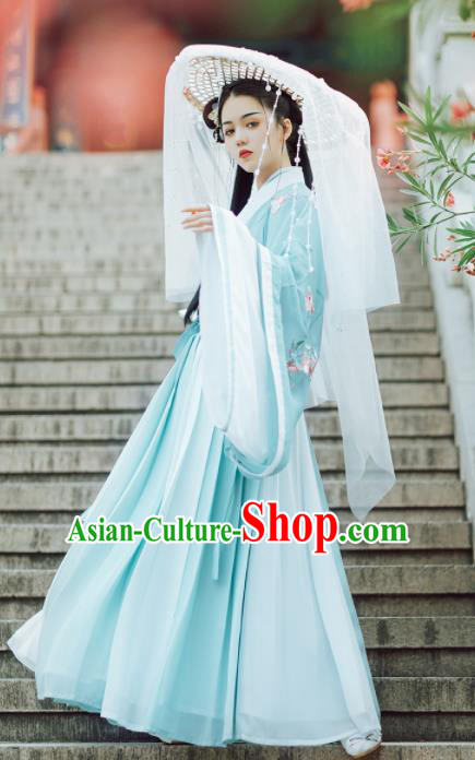 Chinese Ancient Female Swordsman Embroidered Green Hanfu Dress Traditional Jin Dynasty Nobility Lady Costumes for Women