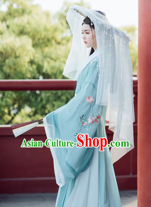 Chinese Ancient Female Swordsman Embroidered Green Hanfu Dress Traditional Jin Dynasty Nobility Lady Costumes for Women