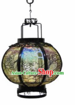 Chinese Classical Olive Green Gauze Round Palace Lantern Traditional Handmade Ironwork Ceiling Lamp