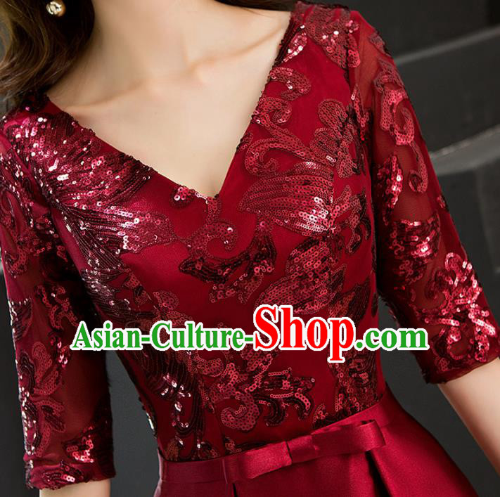 Top Grade Compere Wine Red Sequins Full Dress Annual Gala Stage Show Chorus Costume for Women