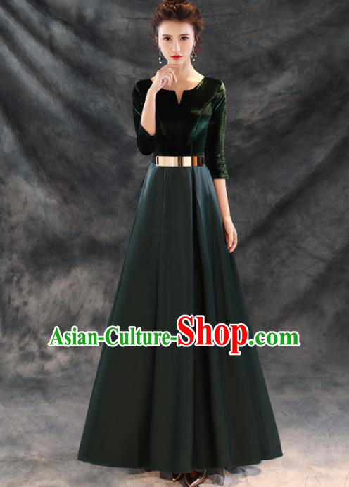 Top Grade Compere Atrovirens Satin Full Dress Annual Gala Stage Show Chorus Costume for Women
