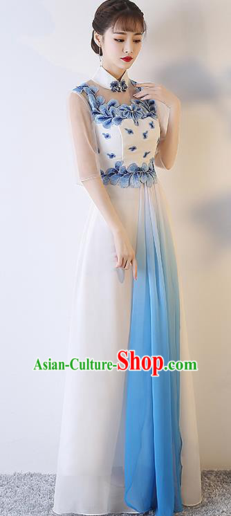 Top Grade Compere Embroidered White Full Dress Annual Gala Stage Show Chorus Costume for Women