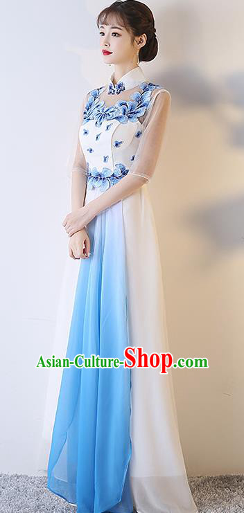 Top Grade Compere Embroidered White Full Dress Annual Gala Stage Show Chorus Costume for Women