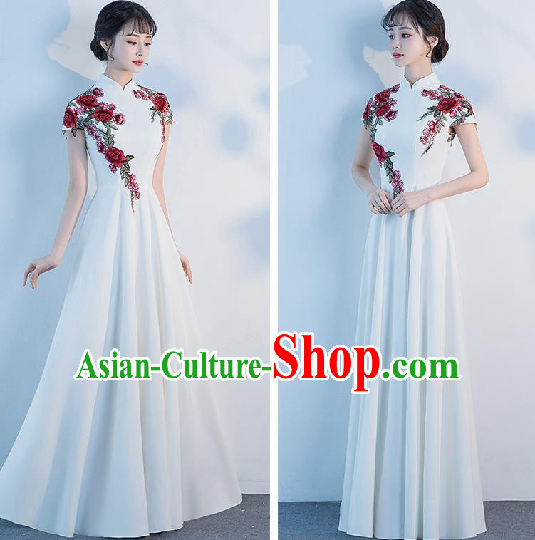 Top Grade Compere Embroidered Roses White Full Dress Annual Gala Stage Show Chorus Costume for Women