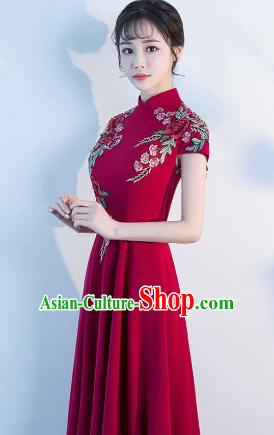 Top Grade Compere Embroidered Roses Wine Red Full Dress Annual Gala Stage Show Chorus Costume for Women