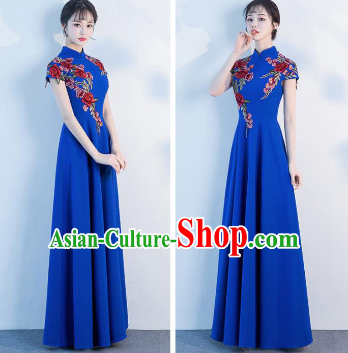 Top Grade Compere Embroidered Roses Royalblue Full Dress Annual Gala Stage Show Chorus Costume for Women